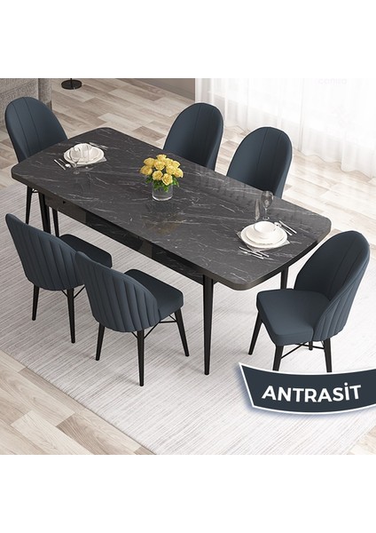 Concept Ves Serisi 80X132 Mdf Açılabilir Siyah Mermer Desen Mutfak Masa Takımı 6 Sandalye fiyatları