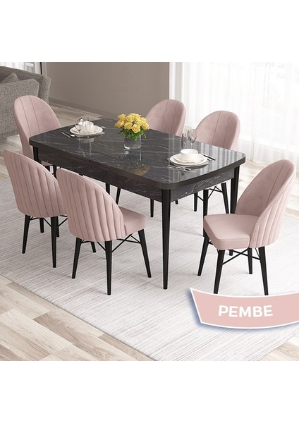 Concept Ves Serisi 80X132 Mdf Açılabilir Siyah Mermer Desen Mutfak Masa Takımı 6 Sandalye
