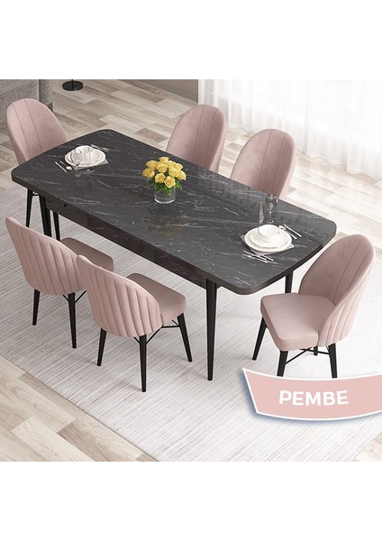 Concept Ves Serisi 80X132 Mdf Açılabilir Siyah Mermer Desen Mutfak Masa Takımı 6 Sandalye fiyatları