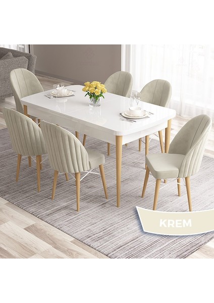 Concept Ves Serisi 80X132 Mdf Beyaz Mutfak Masa Takımı Doğal Ahşap Ayak Beyaz Kafes 6 Sandalye