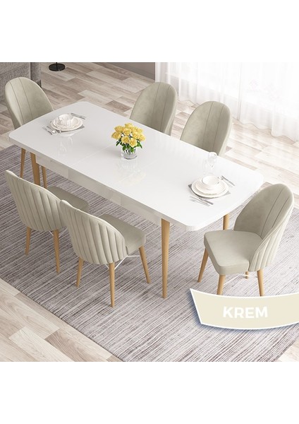 Concept Ves Serisi 80X132 Mdf Beyaz Mutfak Masa Takımı Doğal Ahşap Ayak Beyaz Kafes 6 Sandalye fiyatları