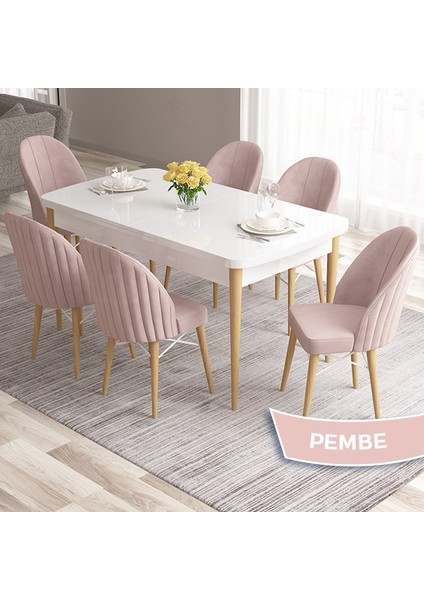 Concept Ves Serisi 80X132 Mdf Beyaz Mutfak Masa Takımı Doğal Ahşap Ayak Beyaz Kafes 6 Sandalye