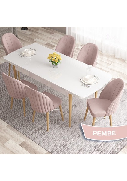 Concept Ves Serisi 80X132 Mdf Beyaz Mutfak Masa Takımı Doğal Ahşap Ayak Beyaz Kafes 6 Sandalye fiyatları
