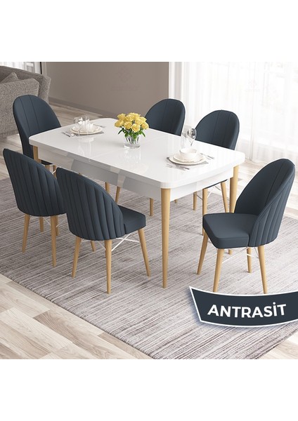 Concept Ves Serisi 80X132 Mdf Beyaz Mutfak Masa Takımı Doğal Ahşap Ayak Beyaz Kafes 6 Sandalye