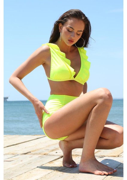 Kadın Fırfırlı Yüksek Bel Neon Sarı Bikini 35001