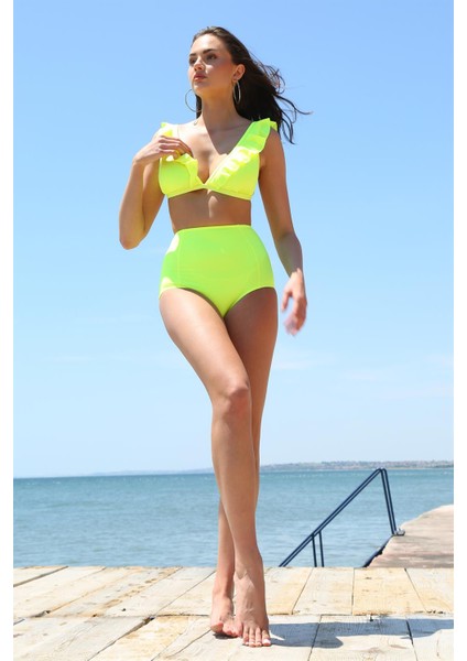 Kadın Fırfırlı Yüksek Bel Neon Sarı Bikini 35001