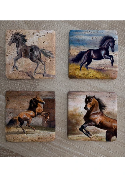 Şaha Kalkmış Atlar Doğal Taş Bardak Altlığı 4'lü Set - Natural Stone Coasters