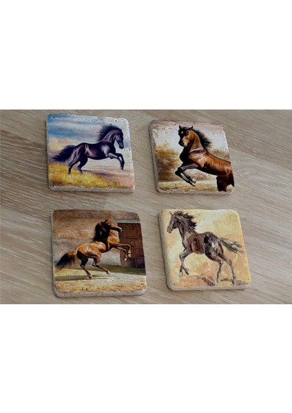 Şaha Kalkmış Atlar Doğal Taş Bardak Altlığı 4'lü Set - Natural Stone Coasters