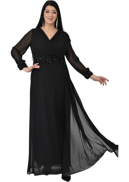 Kadın Büyük Beden Uzun Şifon Abiye Elbise 9573 Siyah