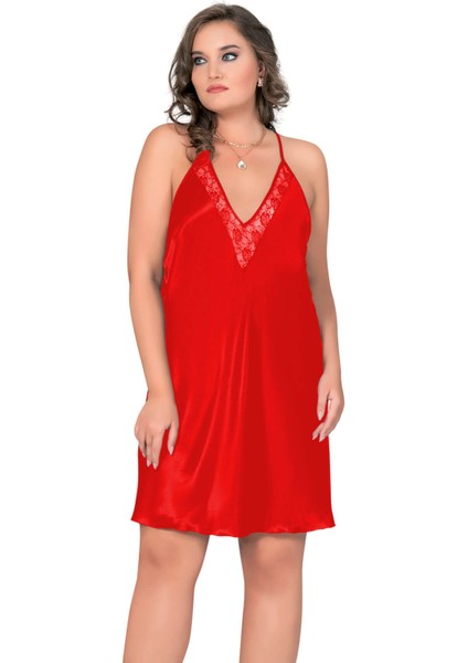 Kadın Battal Saten Gecelik V Yaka Sırtı Dantel Detaylı 10041