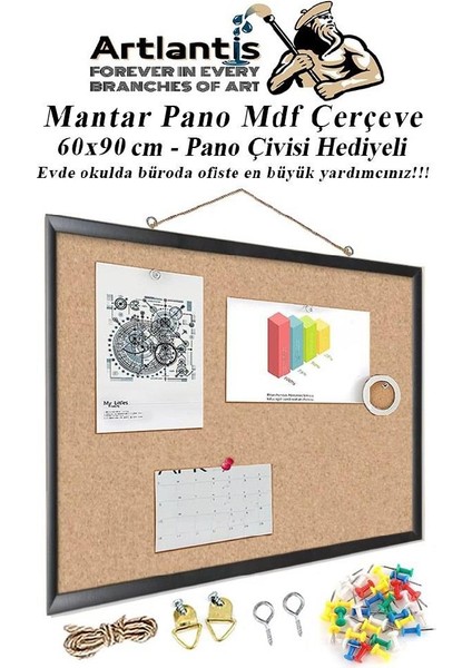 Mantar Pano Mdf Çerçeve 60X90 cm 1 Adet Harita Çivisi Hediyeli Duvara Monte Mantar Çerçeve Evde Okulda Büroda Ofiste