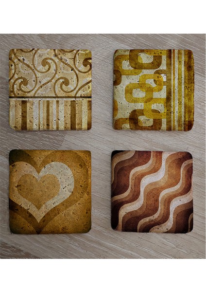 Kahverengi Desenler ve Kalp Doğal Taş Bardak Altlığı 4'lü Set - Natural Stone Coasters fiyatları