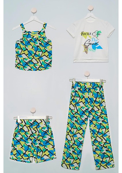 4'lü Tshirt Bluz Pantolon Şort Yeşil Takım S27735