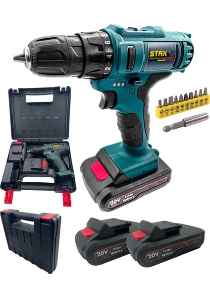 Staxx Power STX20UP2 20V 2AH Çift Akülü Çelik Şanzıman Bakır Sargı Motor Vidalama Matkap Çantalı Set