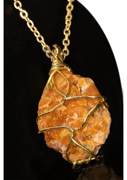 Sertifikalı Ham Işlenmemiş Tel Sarmalı Güneş Taşı Kolye - Altın Kaplama