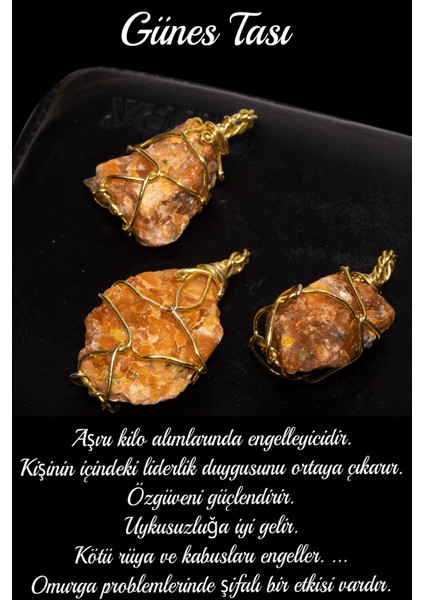 Sertifikalı Ham Işlenmemiş Tel Sarmalı Güneş Taşı Kolye - Altın Kaplama fiyatları