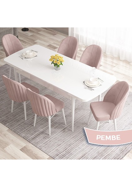 Concept Ves Serisi 80X132 Mdf Açılabilir Beyaz Mutfak Masa Takımı 6 Sandalye