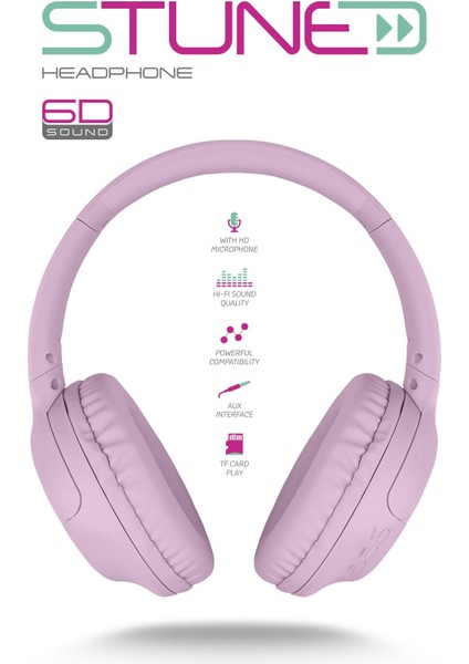 Stune Kulaküstü Pembe Bluetooth Kulaklık Hafıza Kartı 6d Sound 18 Saat Kullanım Süresi