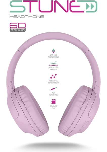 Stune Kulaküstü Pembe Bluetooth Kulaklık Hafıza Kartı 6d Sound 18 Saat Kullanım Süresi