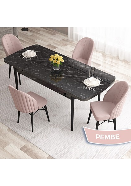 Concept Ves Serisi 80X132 Mdf Açılabilir Siyah Mermer Desen Mutfak Masa Takımı 4 Sandalye
