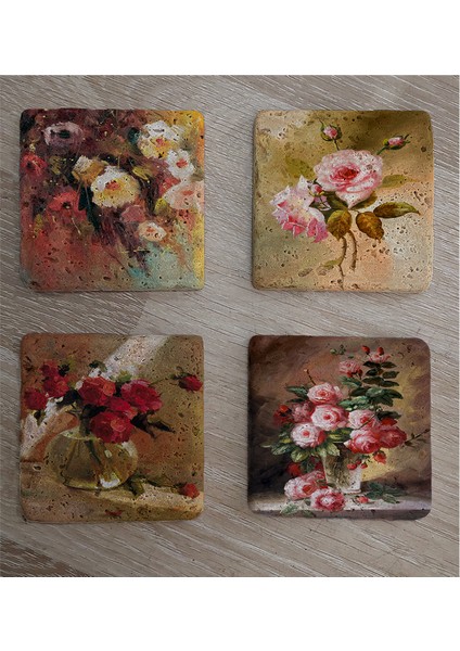Renkli Güller Doğal Taş Bardak Altlığı 4'lü Set - Natural Stone Coasters