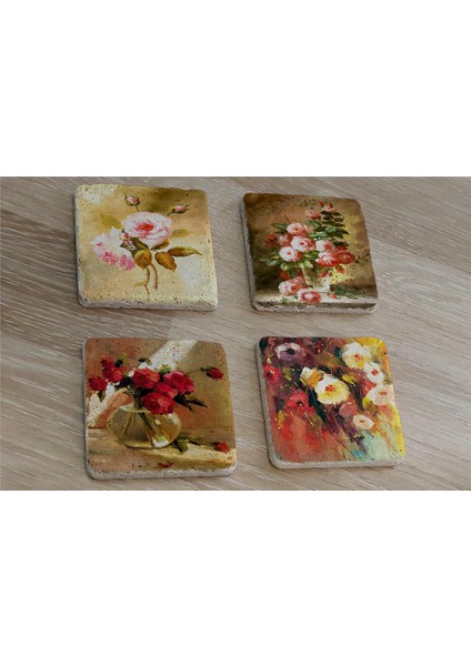Renkli Güller Doğal Taş Bardak Altlığı 4'lü Set - Natural Stone Coasters fiyatları