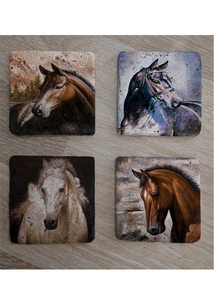 Atlar Doğal Taş Bardak Altlığı 4'lü Set - Natural Stone Coasters