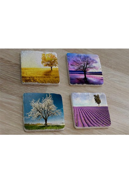 Tek Ağaçlı Manzaralar Doğal Taş Bardak Altlığı 4'lü Set - Natural Stone Coasters fiyatları