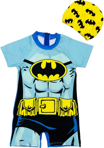 Lolliboom Kids Erkek Çocuk Fermuarlı Kısa Kol Boxer Şort Tarz Güneş Korumalı Batman Yarasa Adam Mayo Bone Takımı