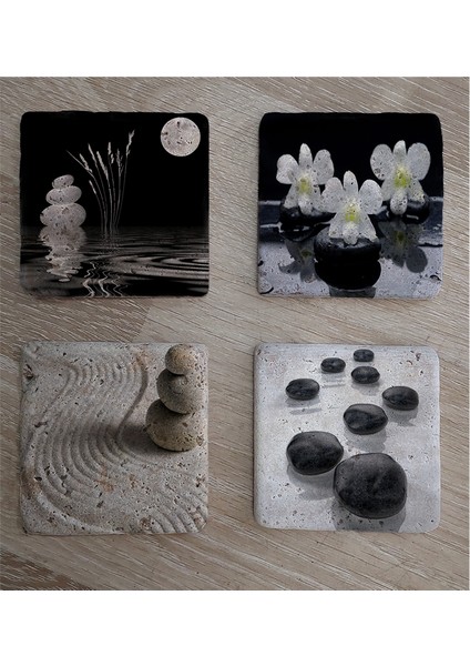 Spa Taşları ve Kiraz Çiçeği Doğal Taş Bardak Altlığı 4'lü Set - Natural Stone Coasters