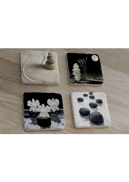 Spa Taşları ve Kiraz Çiçeği Doğal Taş Bardak Altlığı 4'lü Set - Natural Stone Coasters