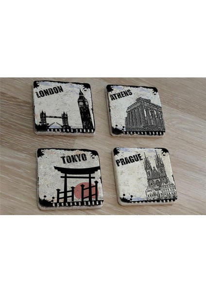Siyah Beyaz Londra Atina Tokyo Prag Doğal Taş Bardak Altlığı 4'lü Set - Natural Stone Coasters fiyatları