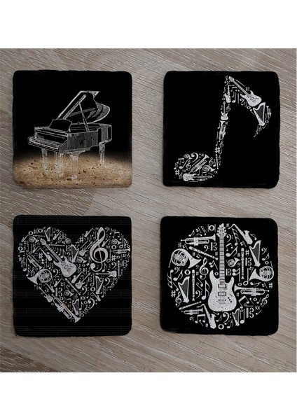 Siyah Beyaz Müzik Görselleri Doğal Taş Bardak Altlığı 4'lü Set - Natural Stone Coasters