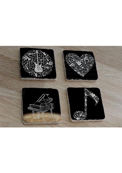 Siyah Beyaz Müzik Görselleri Doğal Taş Bardak Altlığı 4'lü Set - Natural Stone Coasters fiyatları