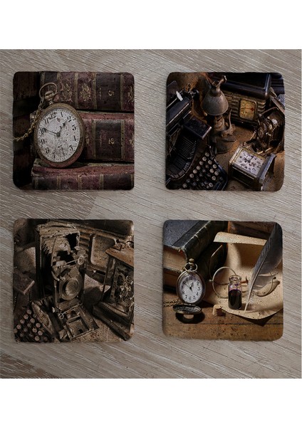 Köstekli Saat Daktilo Fotoğraf Makinesi Tüy Kalem Doğal Taş Bardak Altlığı 4'lü Set - Natural Stone Coasters