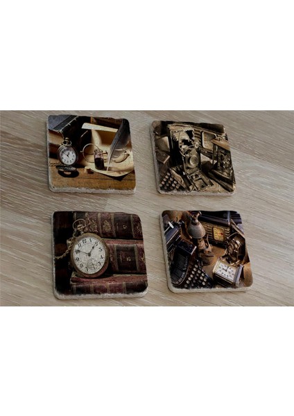 Köstekli Saat Daktilo Fotoğraf Makinesi Tüy Kalem Doğal Taş Bardak Altlığı 4'lü Set - Natural Stone Coasters fiyatları