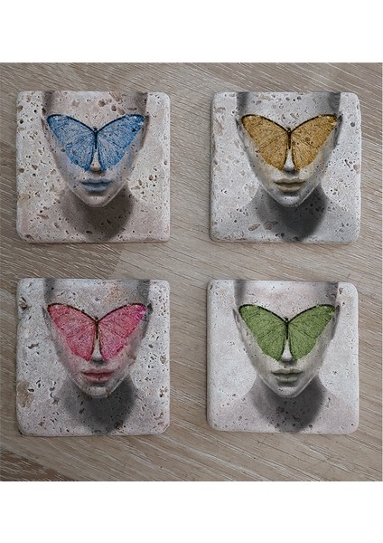Kelebek Maskeli Kadın Doğal Taş Bardak Altlığı 4'lü Set - Natural Stone Coasters