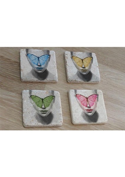 Kelebek Maskeli Kadın Doğal Taş Bardak Altlığı 4'lü Set - Natural Stone Coasters fiyatları