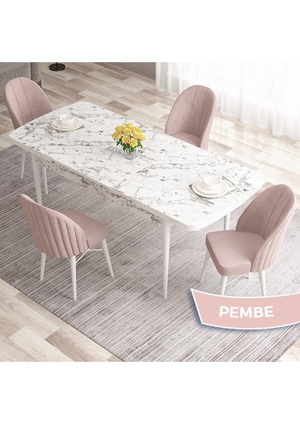 Concept Ves Serisi 80X132 Mdf Açılabilir Beyaz Mermer Desen Mutfak Masası Takımı 4 Sandalye
