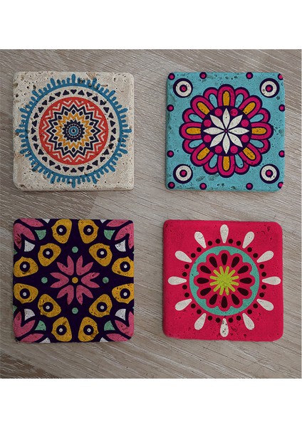 Mandala Desenleri Doğal Taş Bardak Altlığı 4'lü Set - Natural Stone Coasters