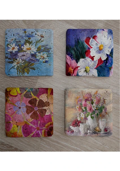 Renkli Papatyalar Doğal Taş Bardak Altlığı 4'lü Set - Natural Stone Coasters