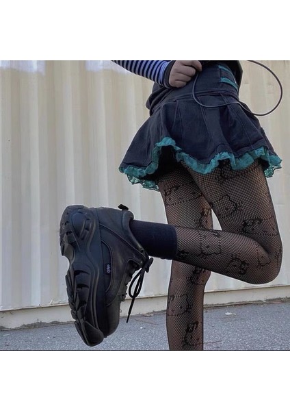 Lolita Cosplay Hello Kitty Desenli Siyah Külotlu Çorap