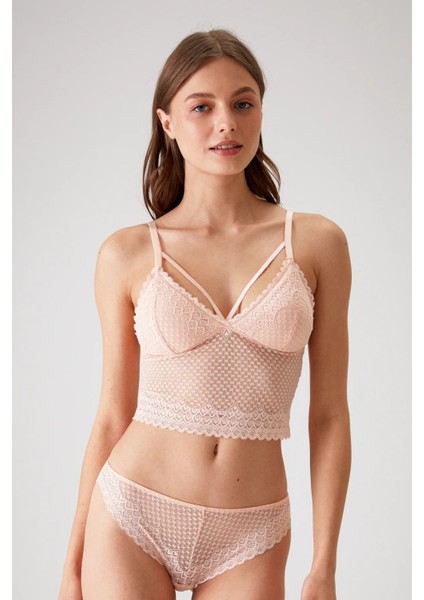 4831 Kadın Pedli Balensiz Dantelli Bralet Sütyen Külot Takım-Somon