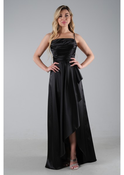 Siyah Yırtmaç Detaylı Saten Abiye Elbise 4522348.01