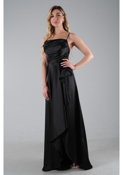 Siyah Yırtmaç Detaylı Saten Abiye Elbise 4522348.01 fiyatları