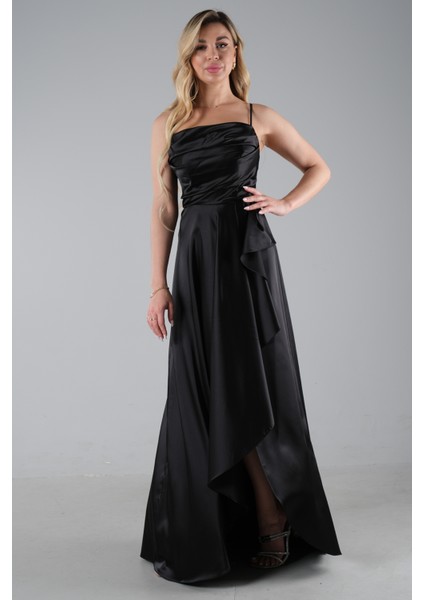 Siyah Yırtmaç Detaylı Saten Abiye Elbise 4522348.01 modelleri