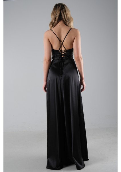 Siyah Yırtmaç Detaylı Saten Abiye Elbise 4522348.01 fırsatları