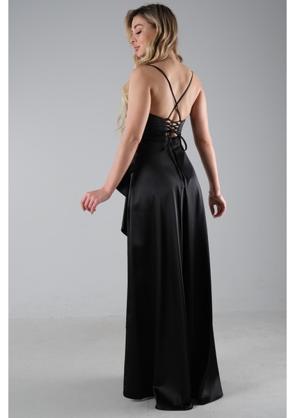 Siyah Yırtmaç Detaylı Saten Abiye Elbise 4522348.01 indirimleri