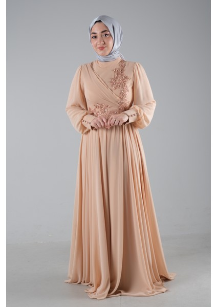 Bej Üzeri Taş Işlemeli Şifon Tesettür Abiye Elbise 6502316.55 fiyatları