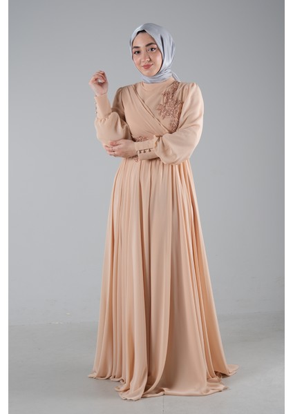 Bej Üzeri Taş Işlemeli Şifon Tesettür Abiye Elbise 6502316.55 modelleri